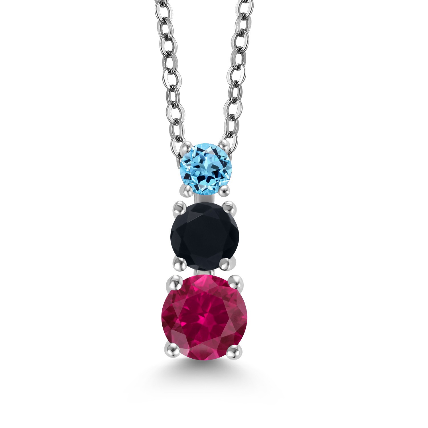 0.97ct Created Ruby Onyx Rhodium Plated 3 Stone Pendant for Women & Chain