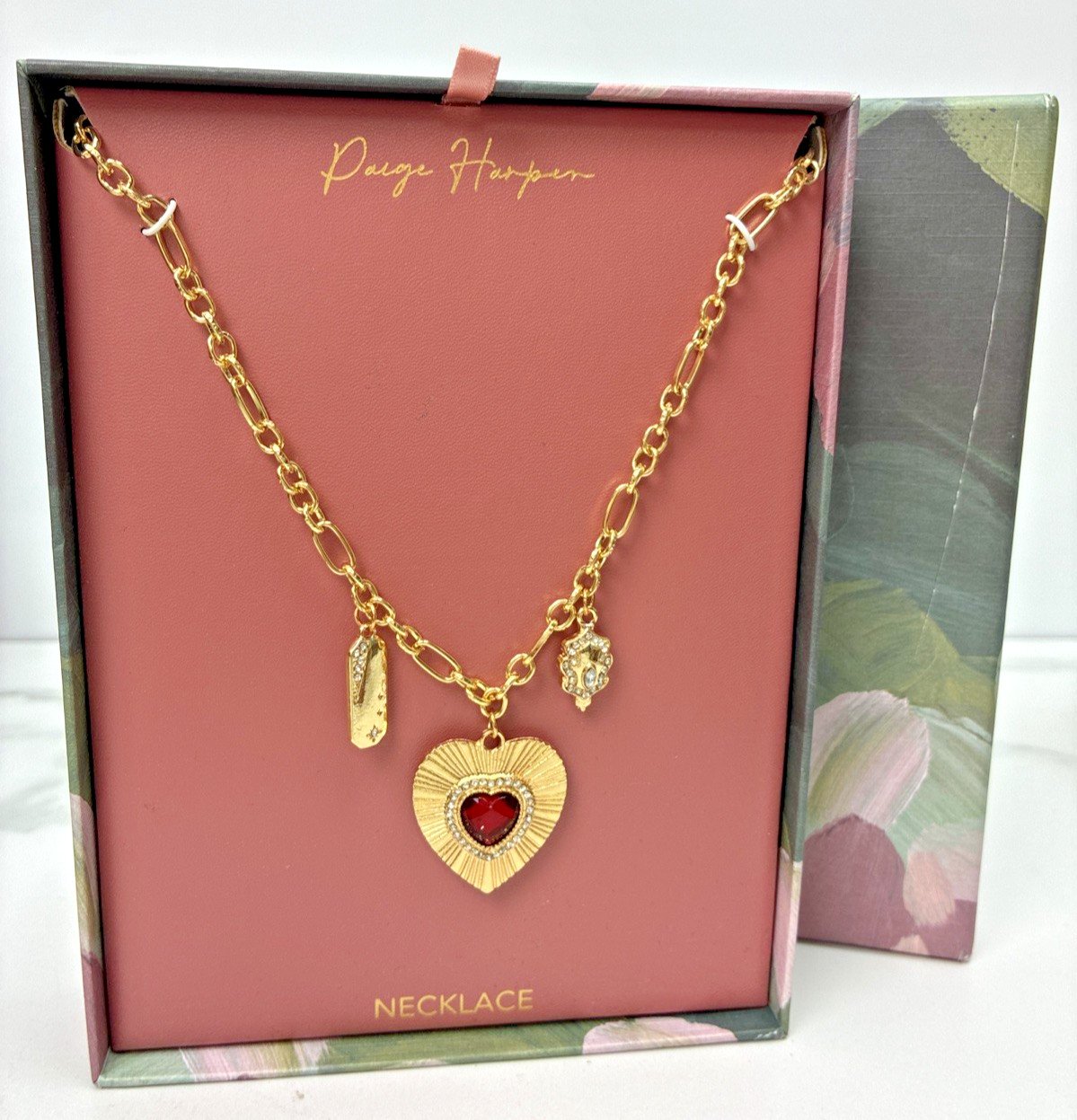 Paige Harper Sunburst Necklace Gold Tone Charms Red Stone Pendant NWT CP7