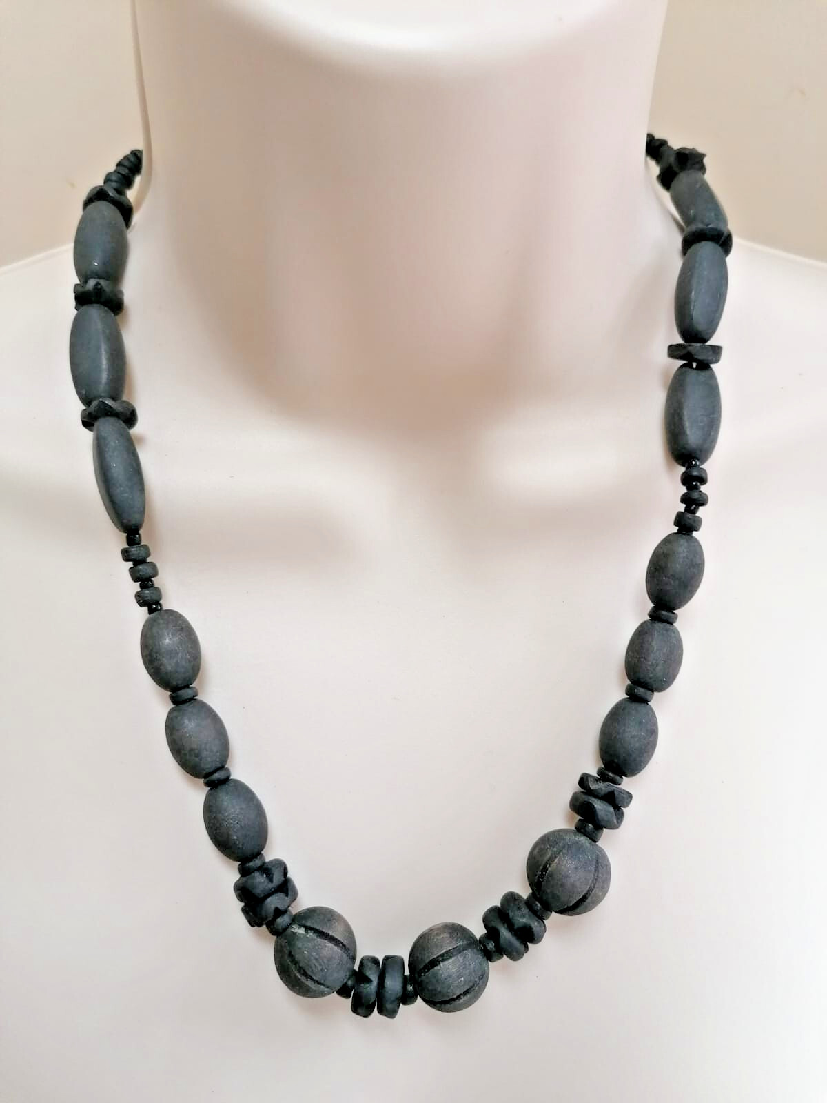 black wooden bead necklace in mixed shapes 53cm tribal style signs of wear