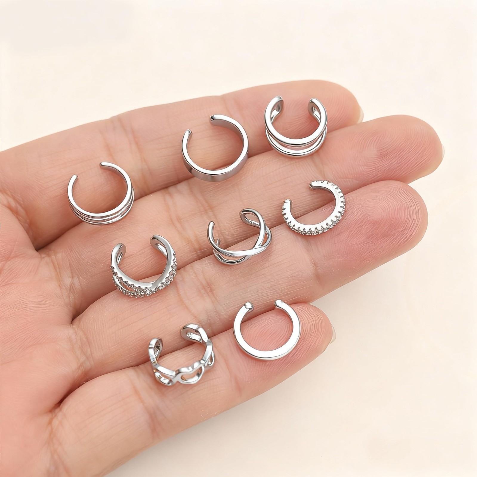 16Pcs Non-Piercing Ear Cuff Earrings Set – Gold Silver Plated Clip-On CZ Heart F