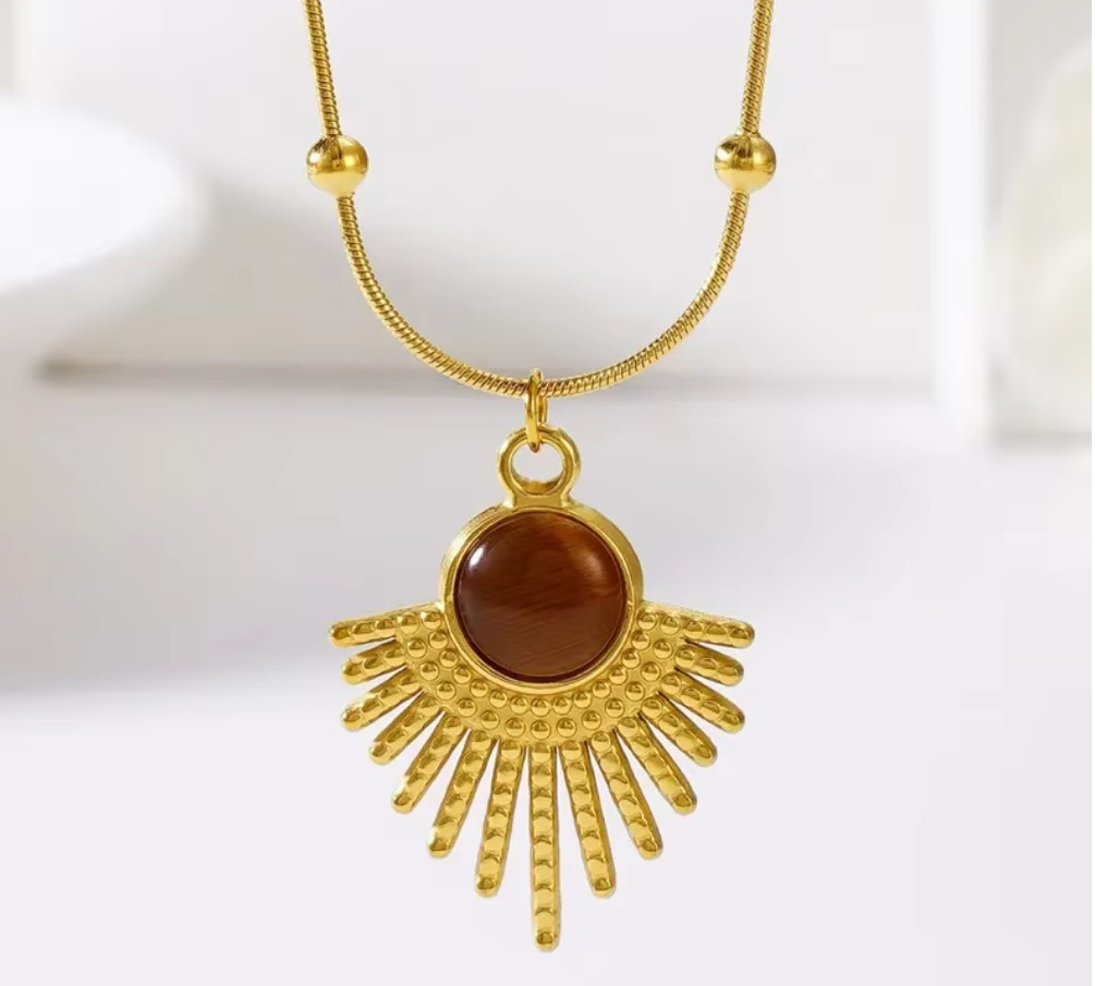 18K Gold Tiger’s Eye Sunburst Pendant Necklace 18″