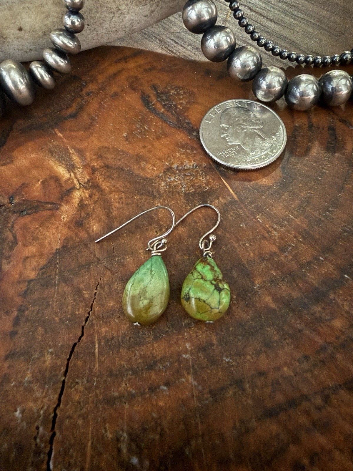 Natural Turquoise Teardrop Dangle/Drop Earrings Silver Hook Green/Black