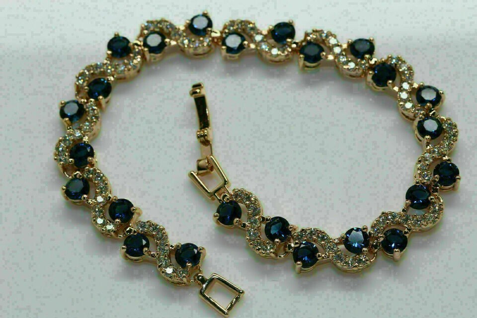 7.42Ct Round Cut Simulated Sapphire Fancy Tennis Bracelet 14K Yellow Gold Plated