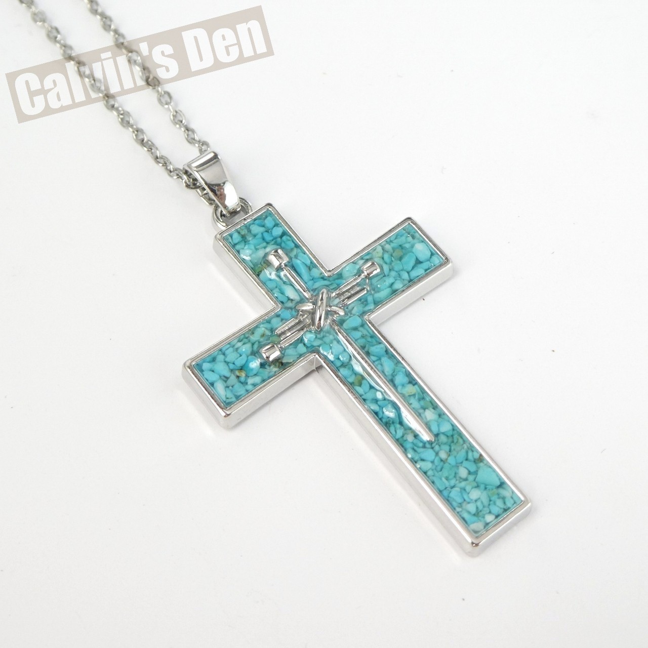 Blue Turquoise Stone Chip Inlay 3-Nail Cross Overlay Pendant Necklace Boho
