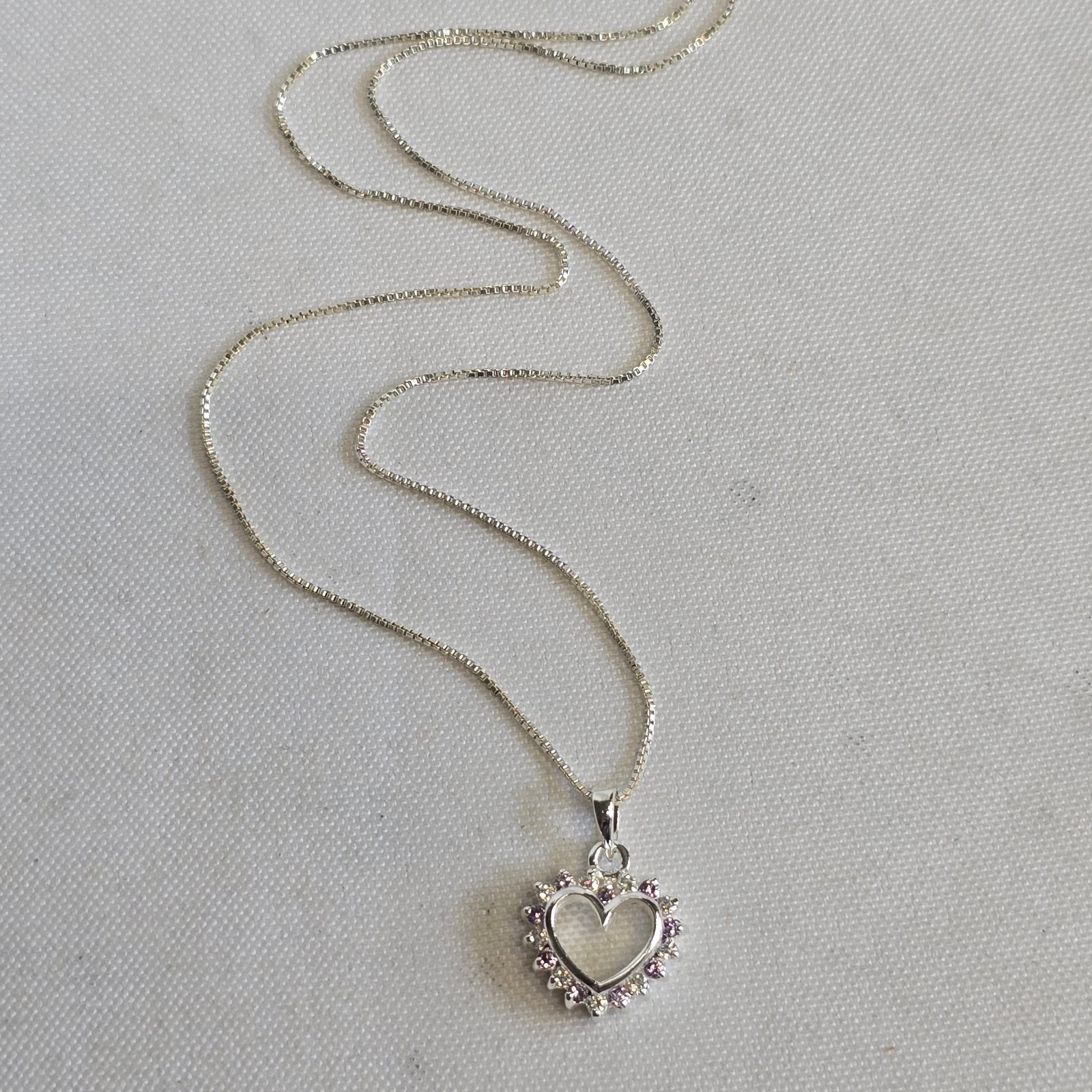 Sterling Silver Necklace 4.4g Jewelry 17.5″ Chain Purple & Clear Stones *READ*