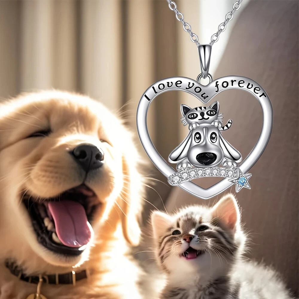 I Love You Forever Heart Shaped Dog Cat Rhinestone Pendant Necklace Silver Toned