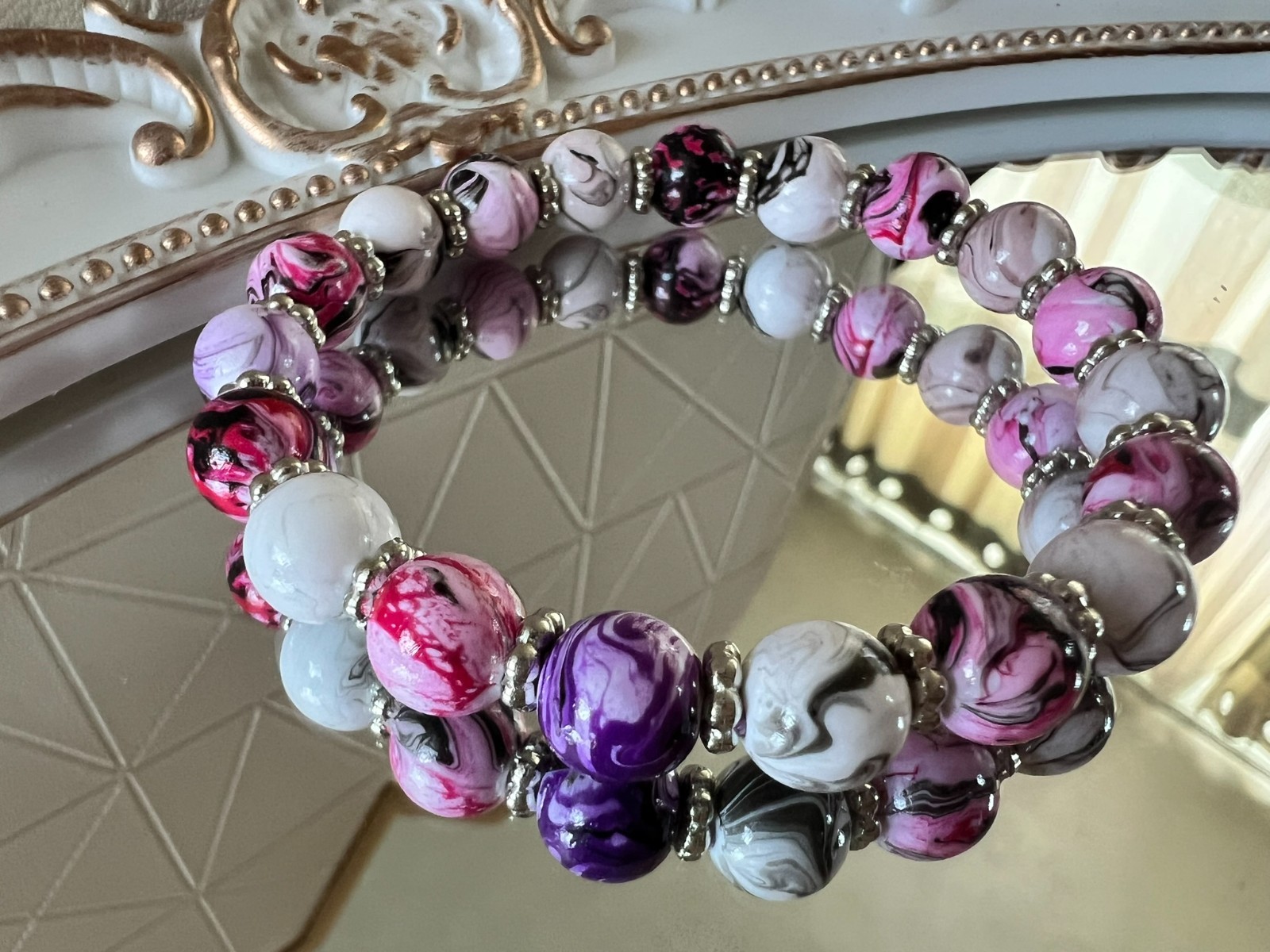 handmade elastic unique marble acrylic beads & silver accents bracelet