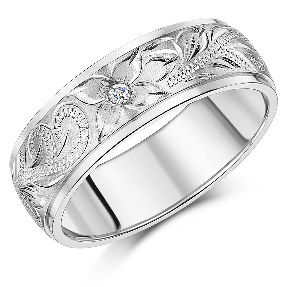 8mm Hand Engraved Flower Ring Titanium CZ Stone Wedding Band
