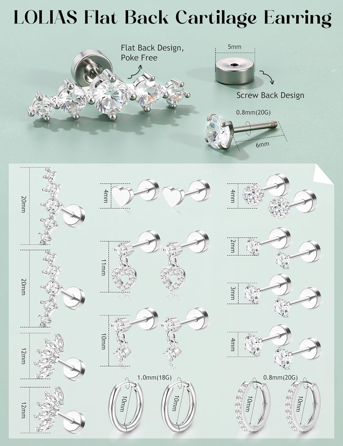 Hypoallergenic Flat Back Earrings for Women Cartilage Earrings Stacks-20G Surgic