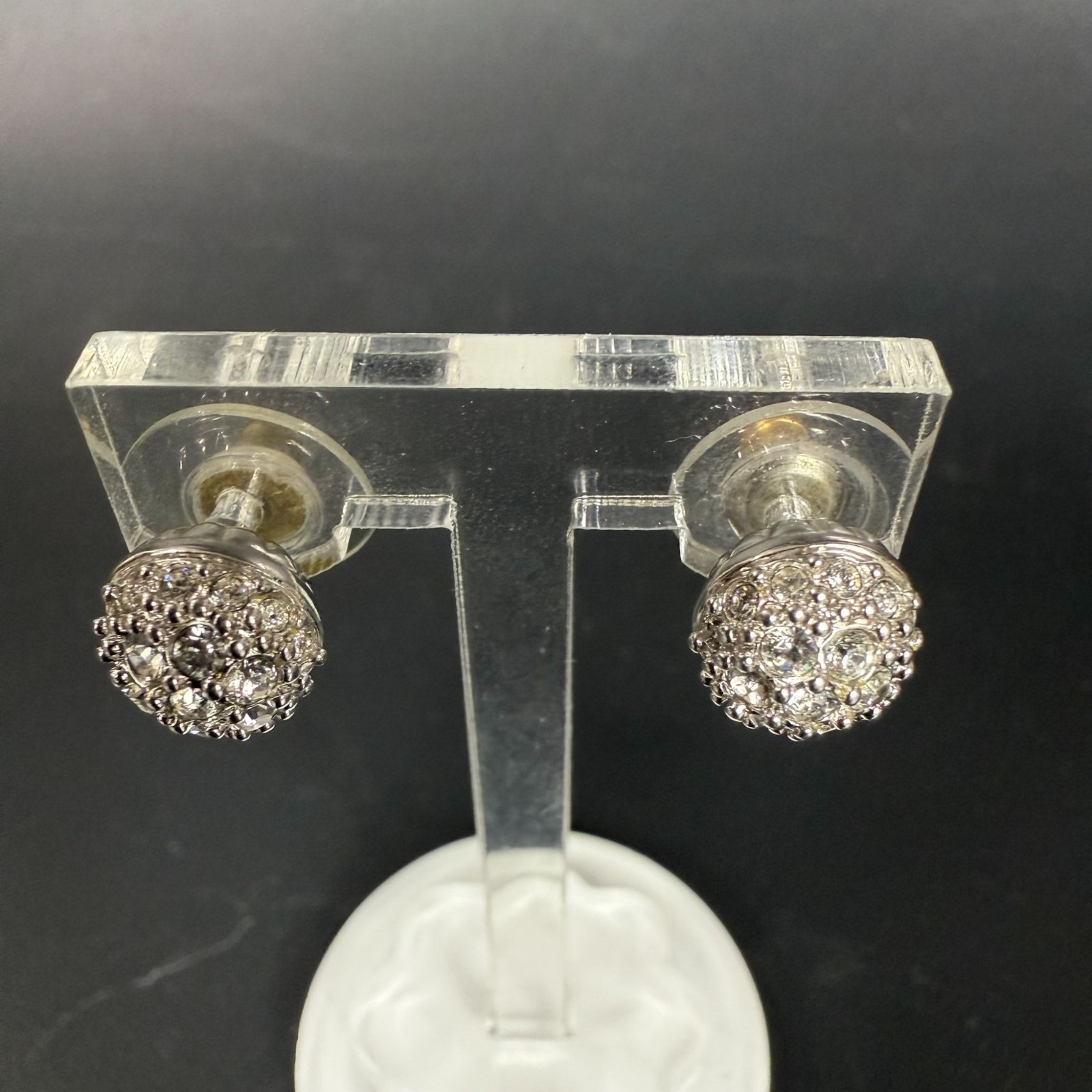 Swarovski Silver Tone Clear Rhinestone Orb Sphere Stud Earrings Swan Logo