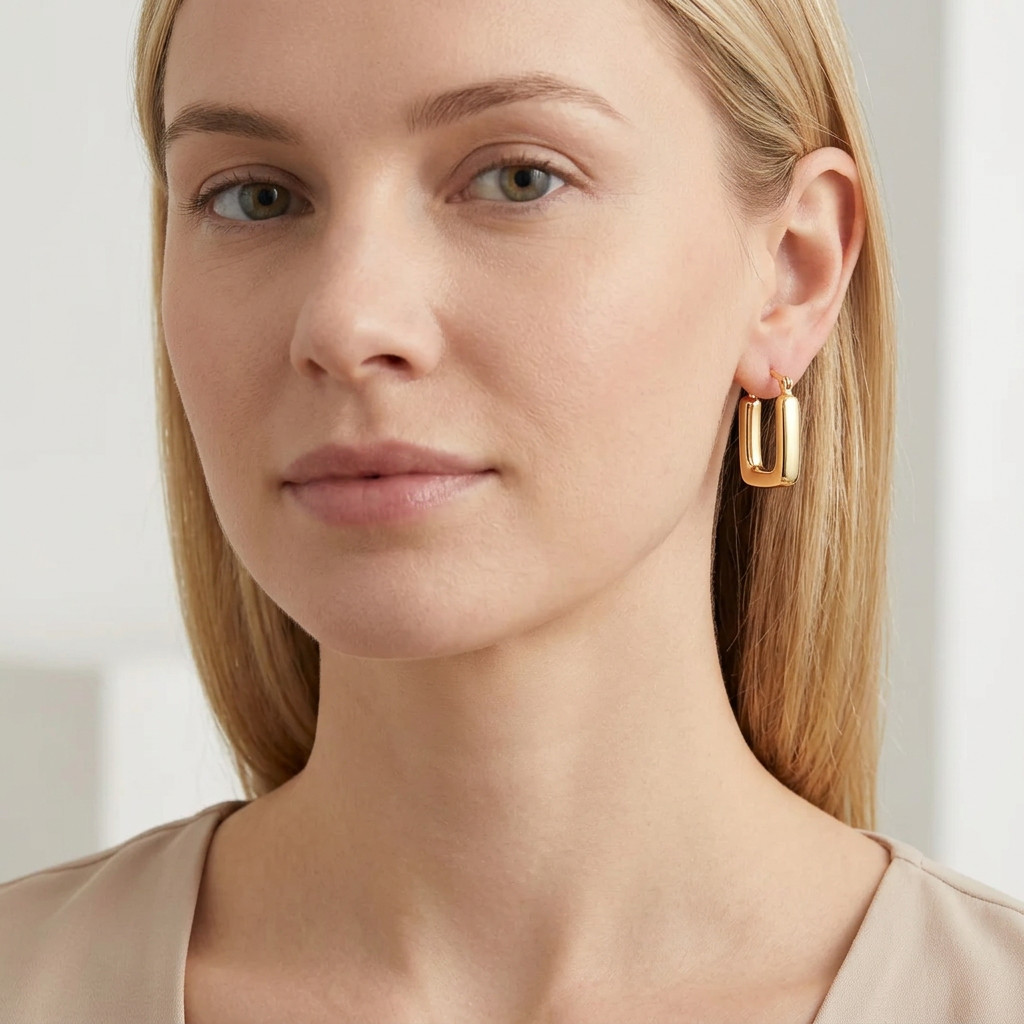 14K Yellow Gold Square Hoop Earrings High Polish Snap Post