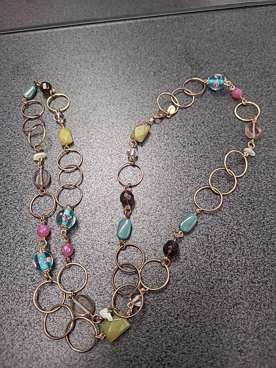 Cookie Lee Necklace Long Glass Floral Lampwork Beads Shell Stone Metal 34″