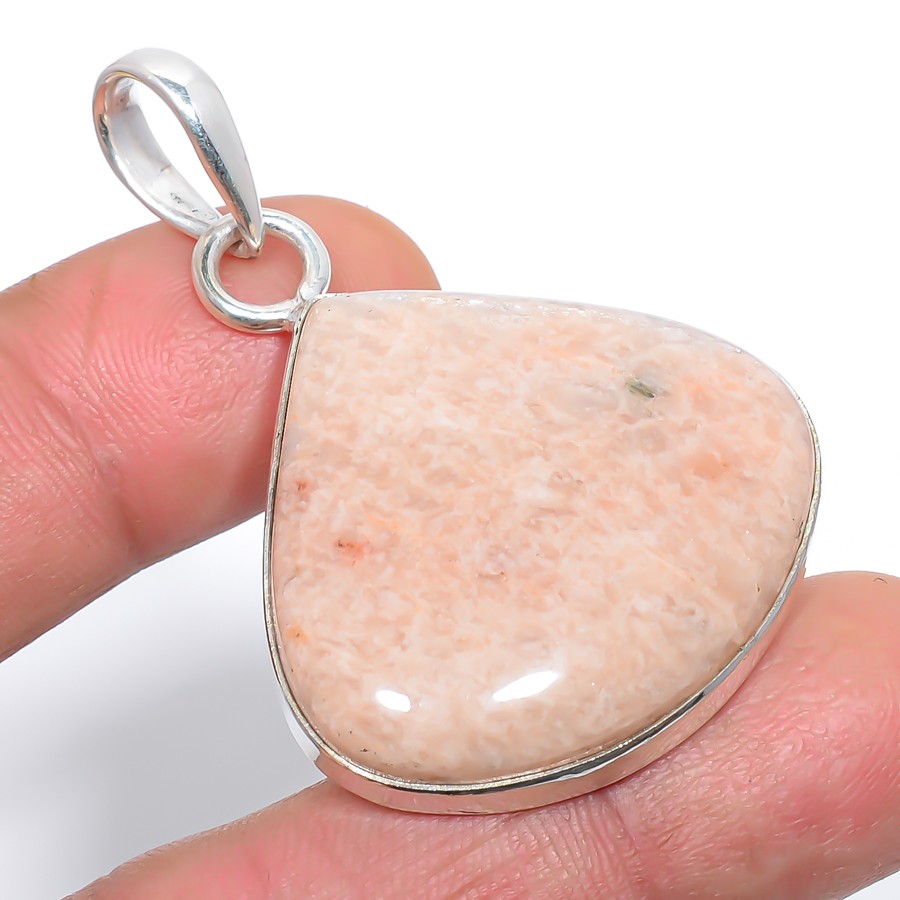 Russian Beige Amazonite Ethnic 925 Silver Plated Pendant Jewelry 2″ T10