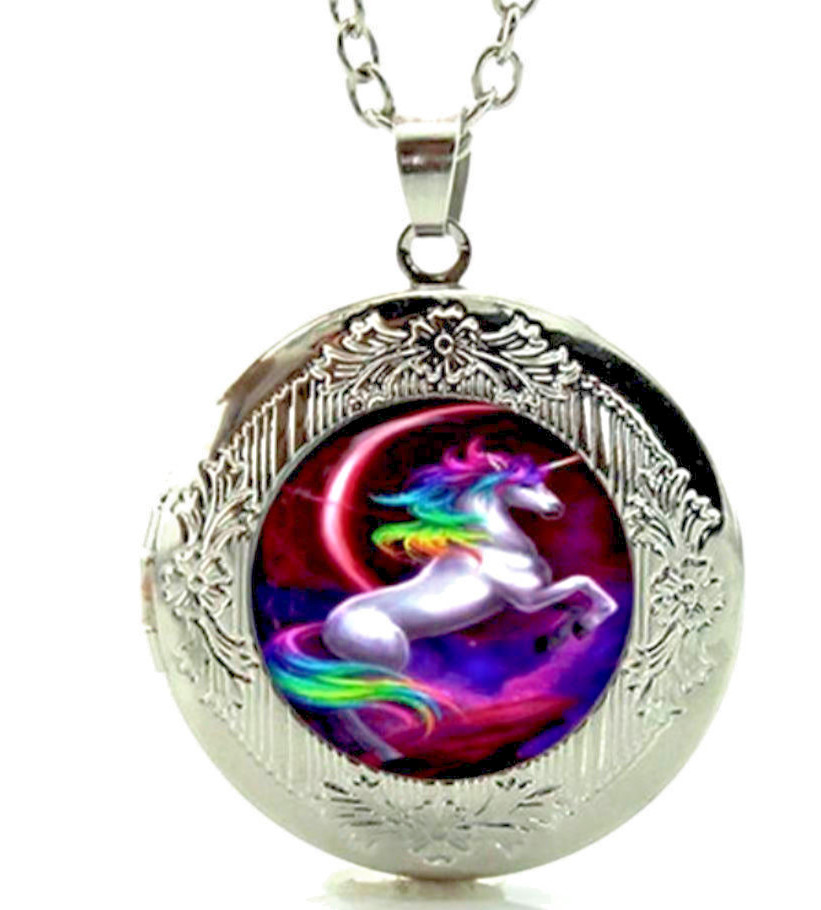 Silver Tone Rainbow Unicorn Horse Locket Necklace on 24″ Stainless Steel Chain