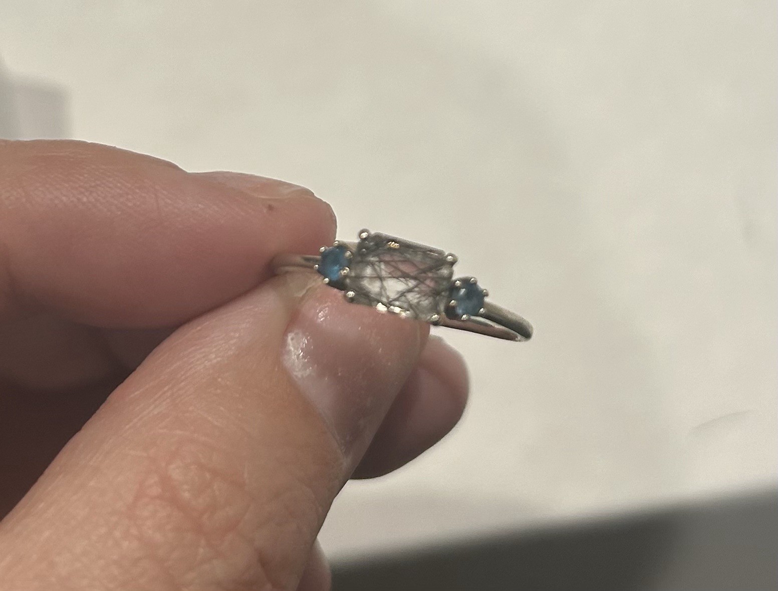 TheBeaLine White Gold Trilogy Ring Sz 7 Rutilated Quartz Blue Topaz
