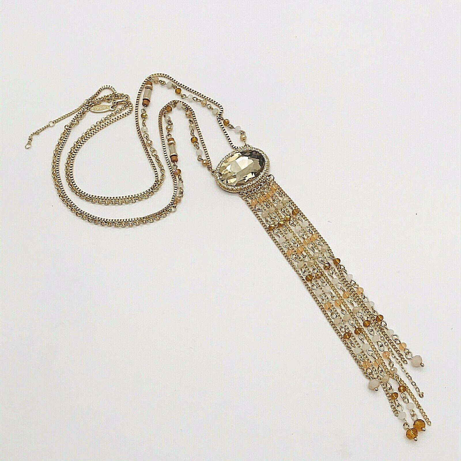 Natasha Fringe Long Necklace Amber Double Strand Color Goldtone Faceted Bead