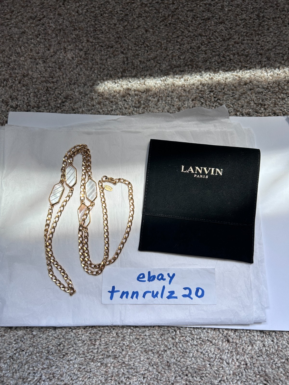 Vintage LANVIN PARIS Signed Mother of Pearl Hexagon Sautoir Long Necklace