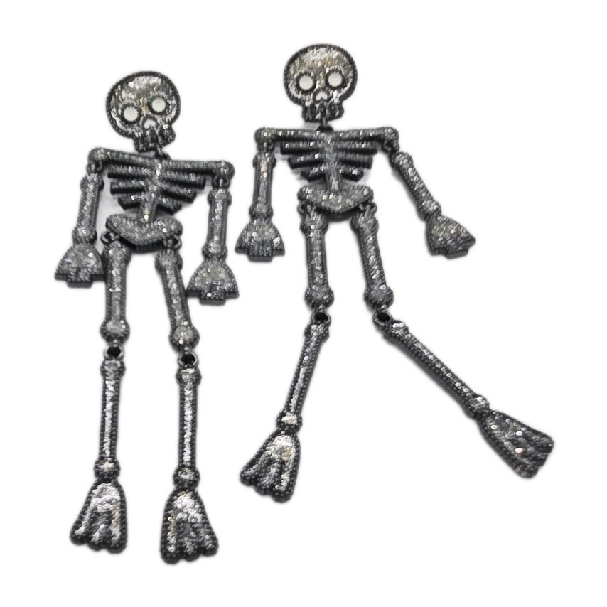 Skeleton earrings Halloween Jewelry Moving Full Body Enamel Grey Black 3.5 in
