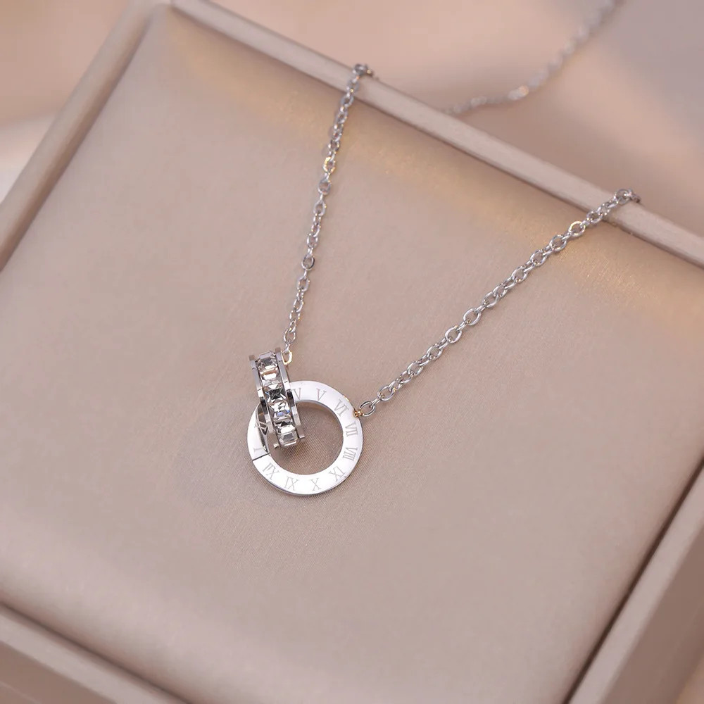 Yupsk Elegant Crystal Circle Choker Fashion Roman Digital Stainless Steel Gold S