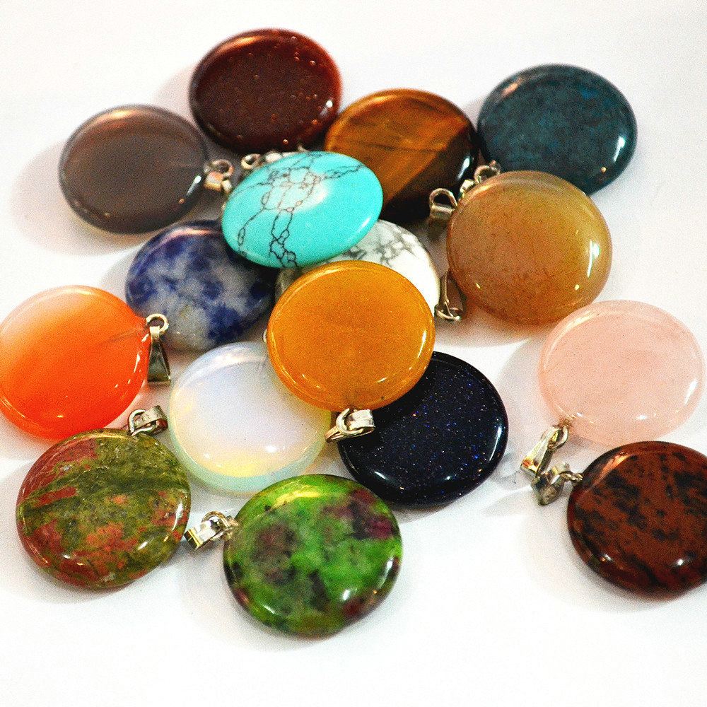 30pcs Fashion Natural Round Gemstone Stone Silver Beads Pendant Charms Wholesale