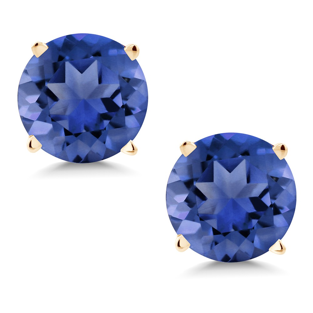 18K Yellow Gold Plated Silver 2.00 Ct 6MM Simulated Sapphire Stud Earrings For