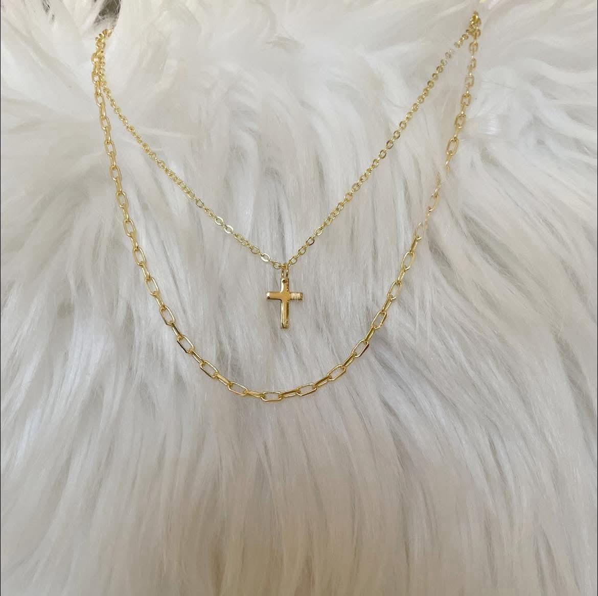 Gold Tone Layered Cable Chain Necklace Cross Charm Pendant Religious