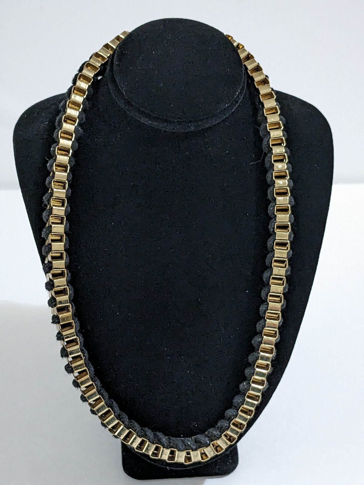 Gold Tone And Black Cord Braided Box Chain Necklace. Vintage. 16 Inch.