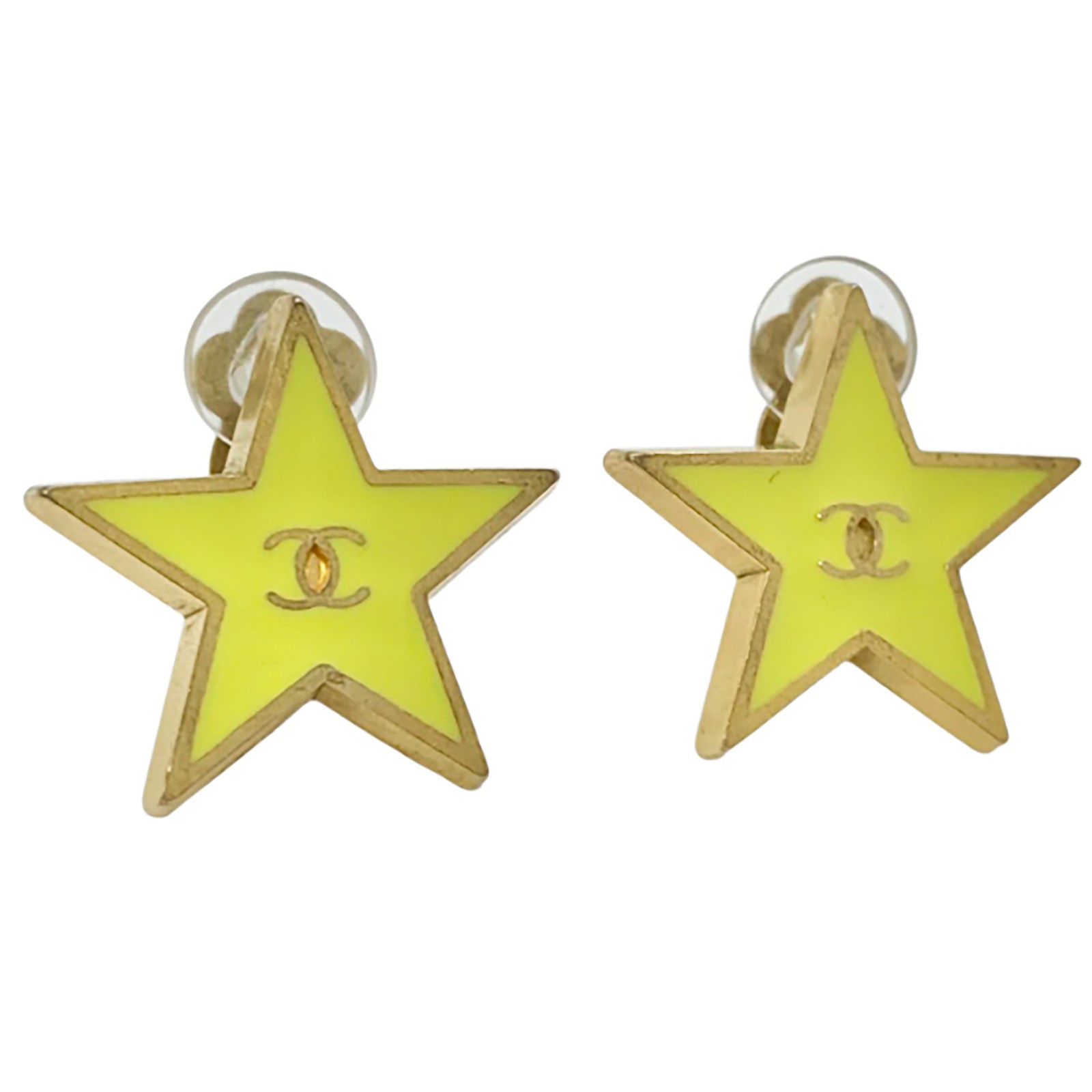 CHANEL CC Logos Yellow Star Clip-On Earrings Gold Tone 01P Auth #2604
