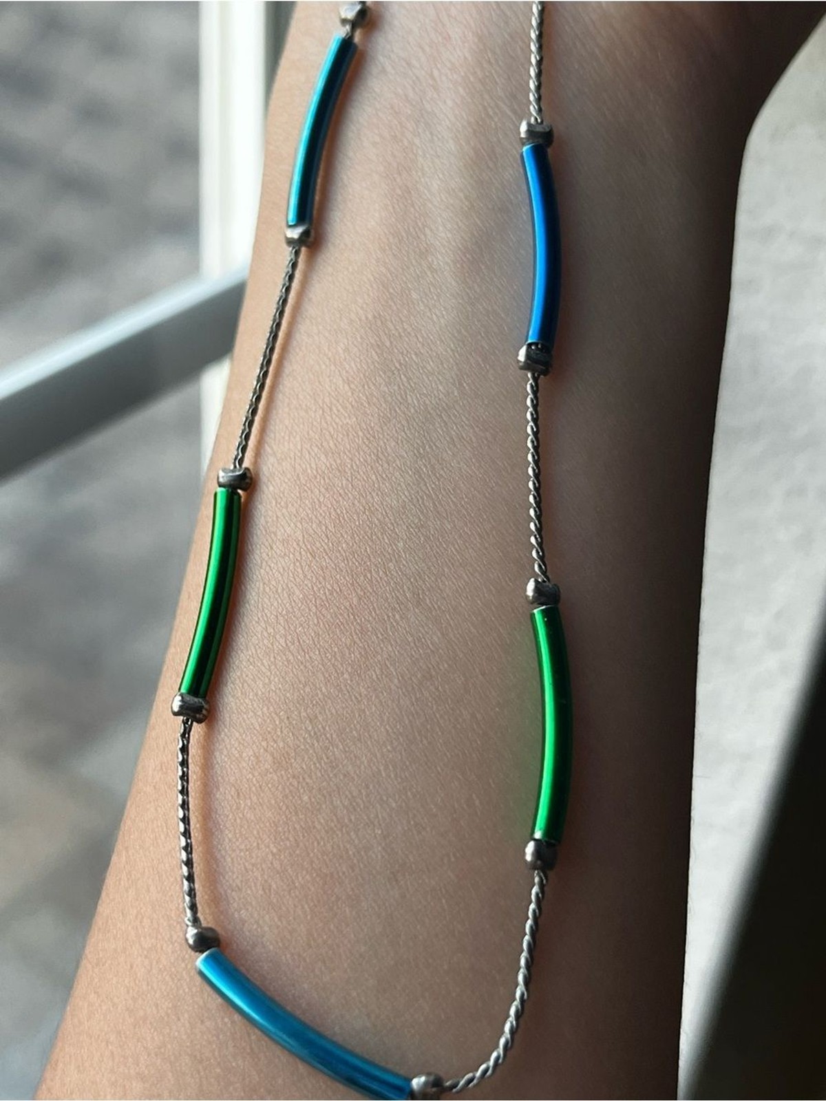 Silver Chain Necklace with Blue and Green Tube Beads – Women Jewelry