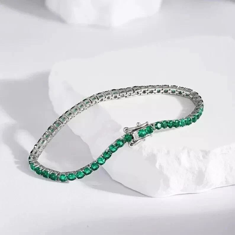 10ct Round Cut Simulated Emerald Women Tennis Bracelet 14k White Gold Plated
