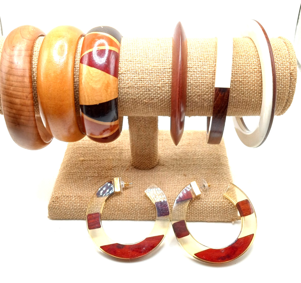 Vtg Boho Wood & Half Wood Lucite Bangle Bracelets w Lg Wood Lucite Hoop Earrings