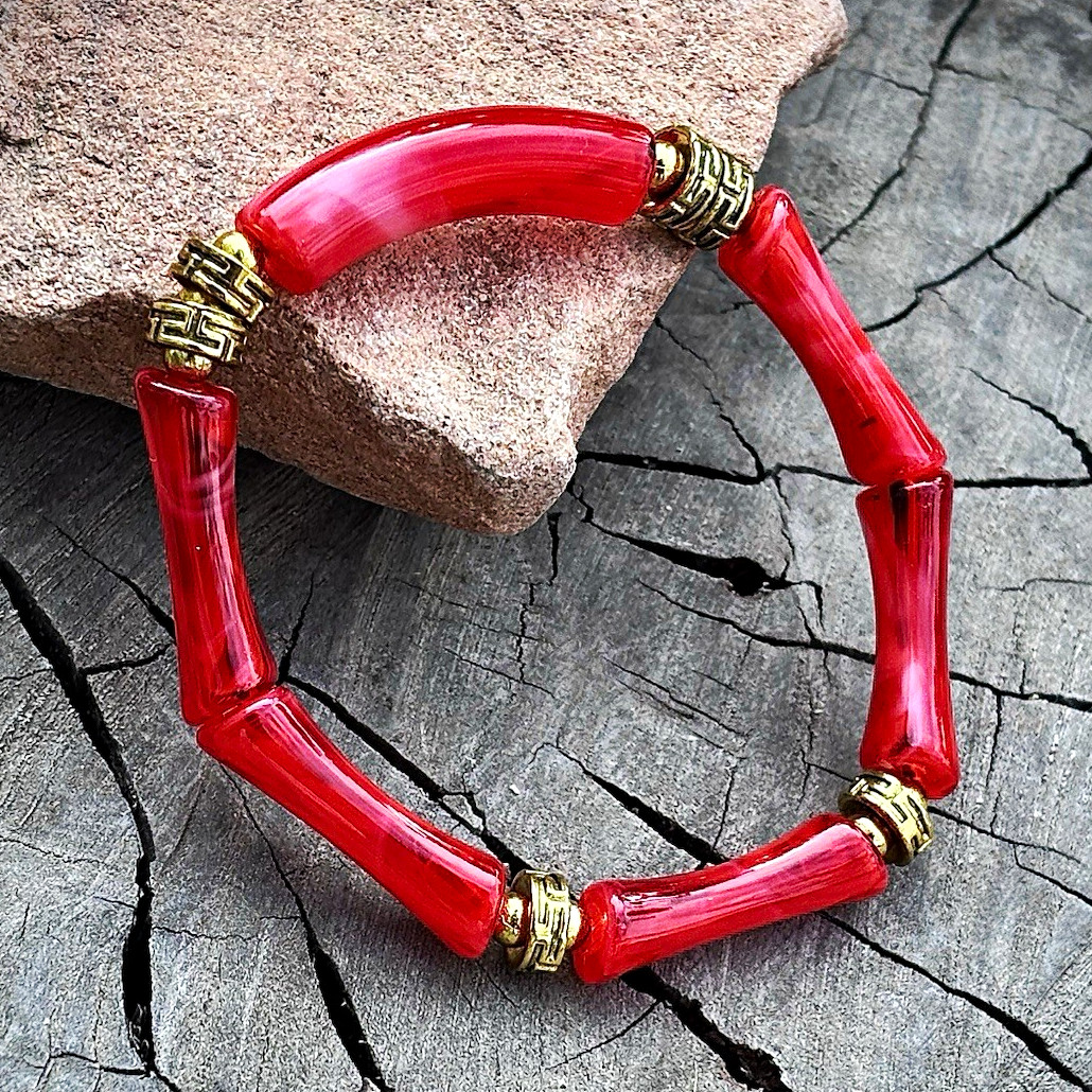 Red Acrylic Tube Bead Stretch Bracelet w/ Gold Spacer Beads, Stackable
