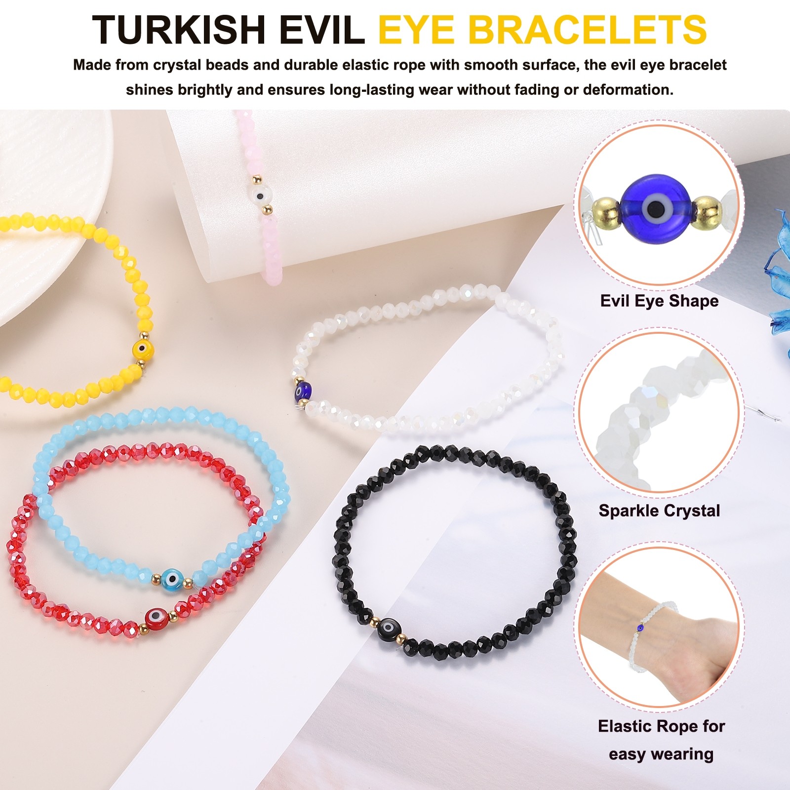 6mm Turkish Evil Eye Bracelets, 2 Pcs Good Luck Crystal Bracelets (White/Black)