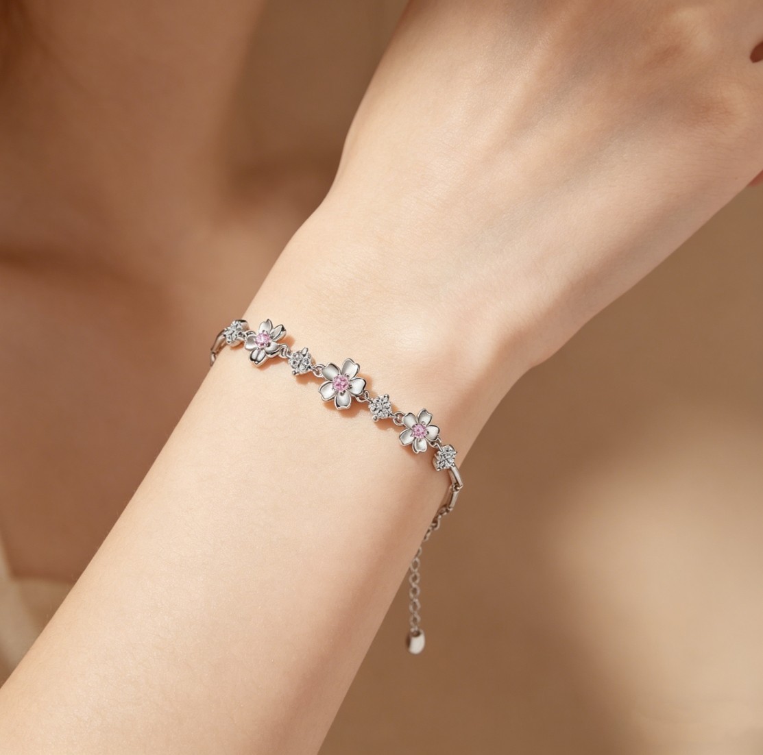 Pink Zircon Cherry Blossom Bamboo Link Chain Spliced Segmented Chain Bracelet