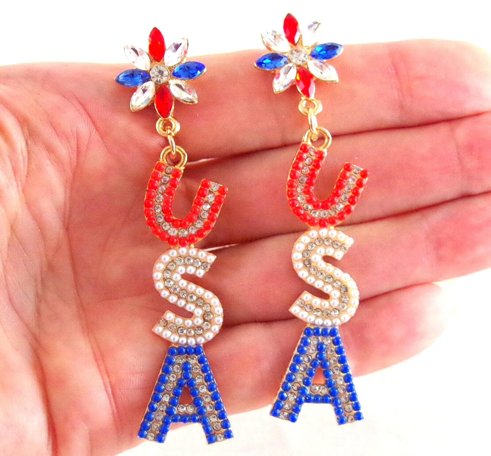 3″ BETSEY JOHNSON PATRIOTIC USA RED WHITE & BLUE RHINESTONE DROP DANGLE EARRINGS