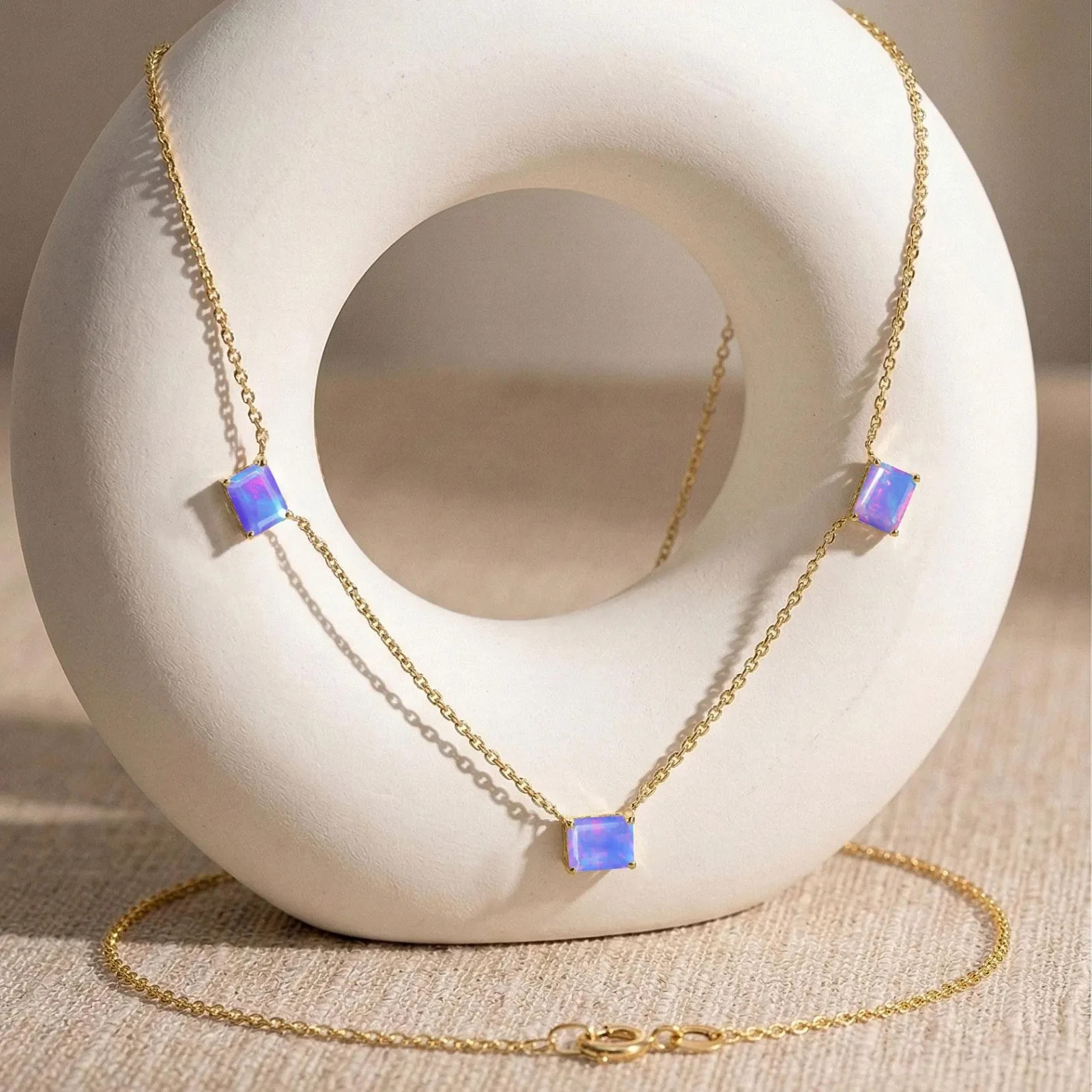 AAA Lavender Fire Opal Necklace Gold, Octagon Opal Station Necklace