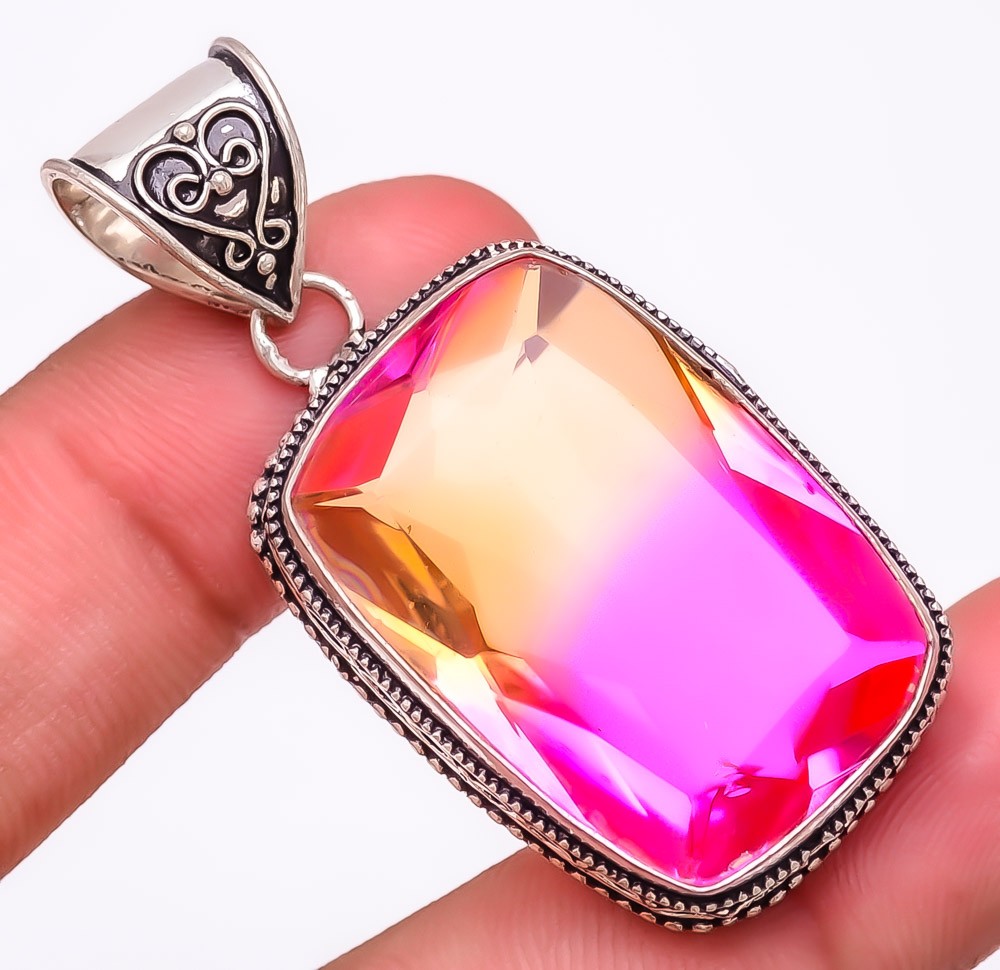 Bi-Color Tourmaline Gemstone 925 Silver Plated Jewelry Pendant 2.0″ S2735