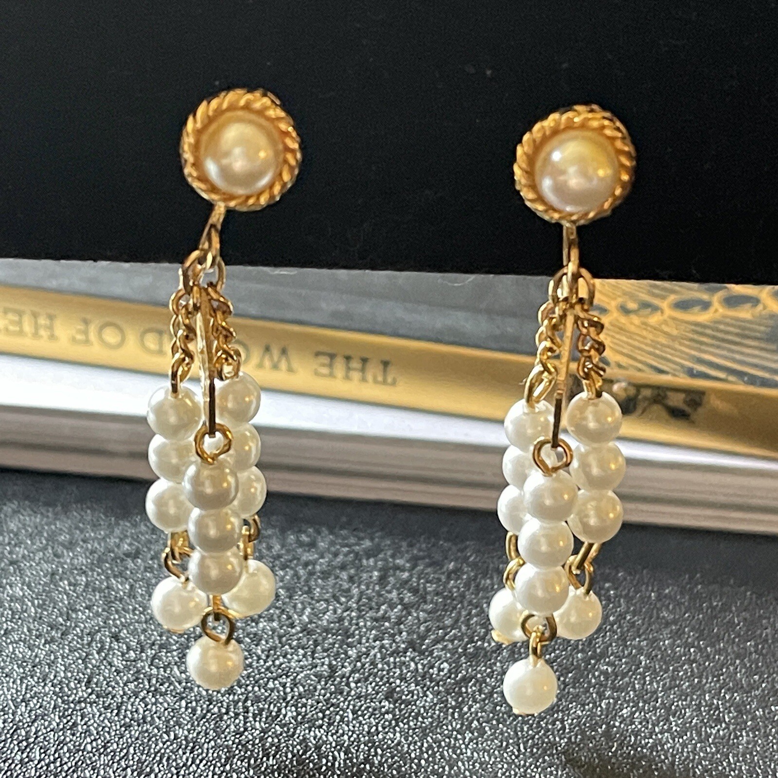 Vintage Faux Pearl Tassel Clip On Earrings Gold Tone Dangle Chandelier Statement
