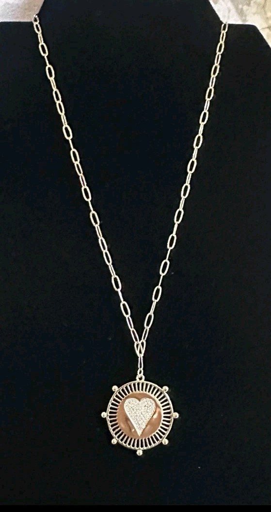 Jennifer Miller Yellow Gold Plated Pave Heart Medallion Necklace Paperclip Chain
