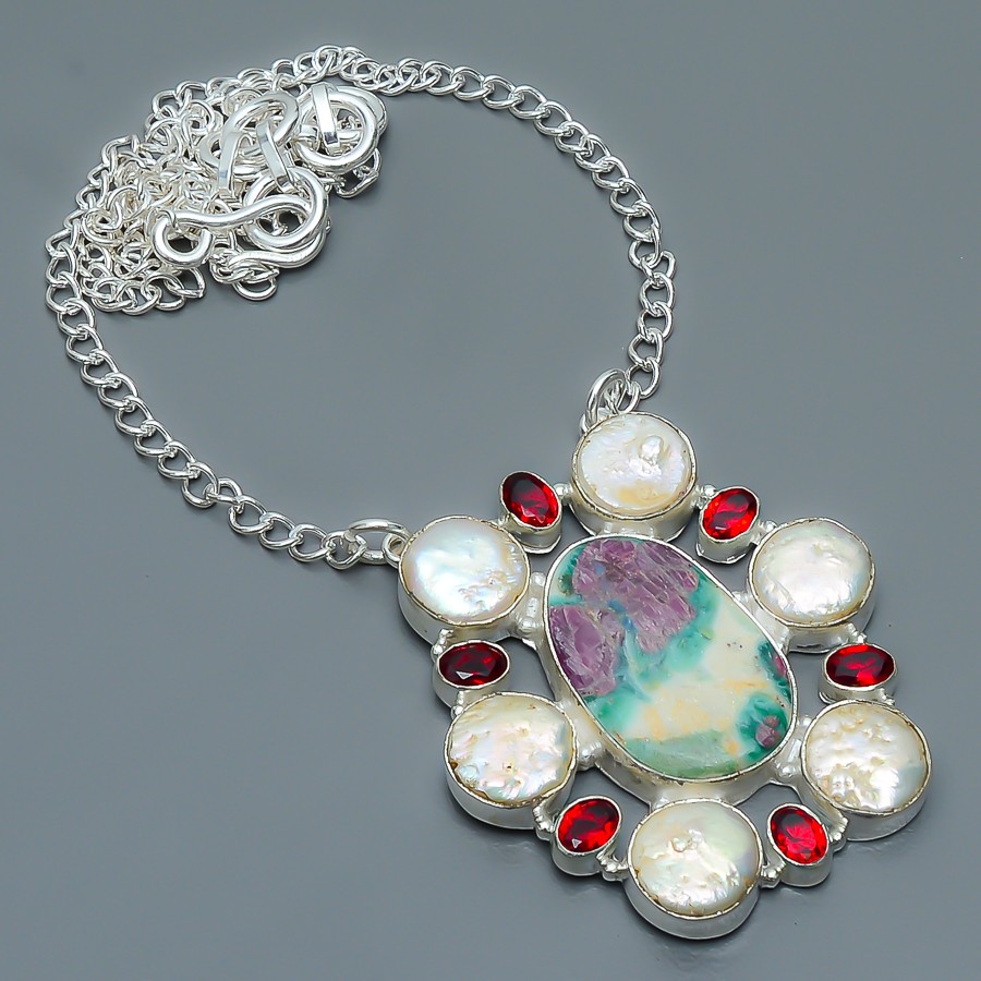 Ruby In Fuschite – India & Pearl Simulated 925 Silver Chain Pendant 20-22″ T73