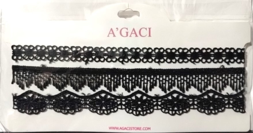 A’GACI Adjustable Length Black Lace Chokers w/Gold Tone Clasp 3 Piece Set – New