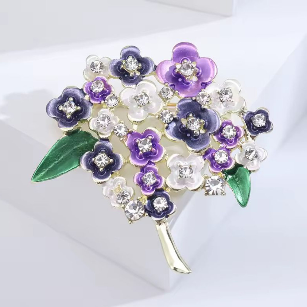 Enamel Hydrangea Flower Bouquet Brooch Crystal Floral Pin Gold Statement Jewelry