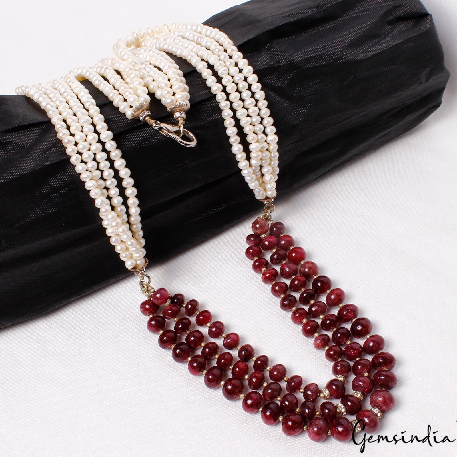 790 Ct Natural Ruby & Pearl Multi Strand Rondelle Beads Handmade Necklace 28 In