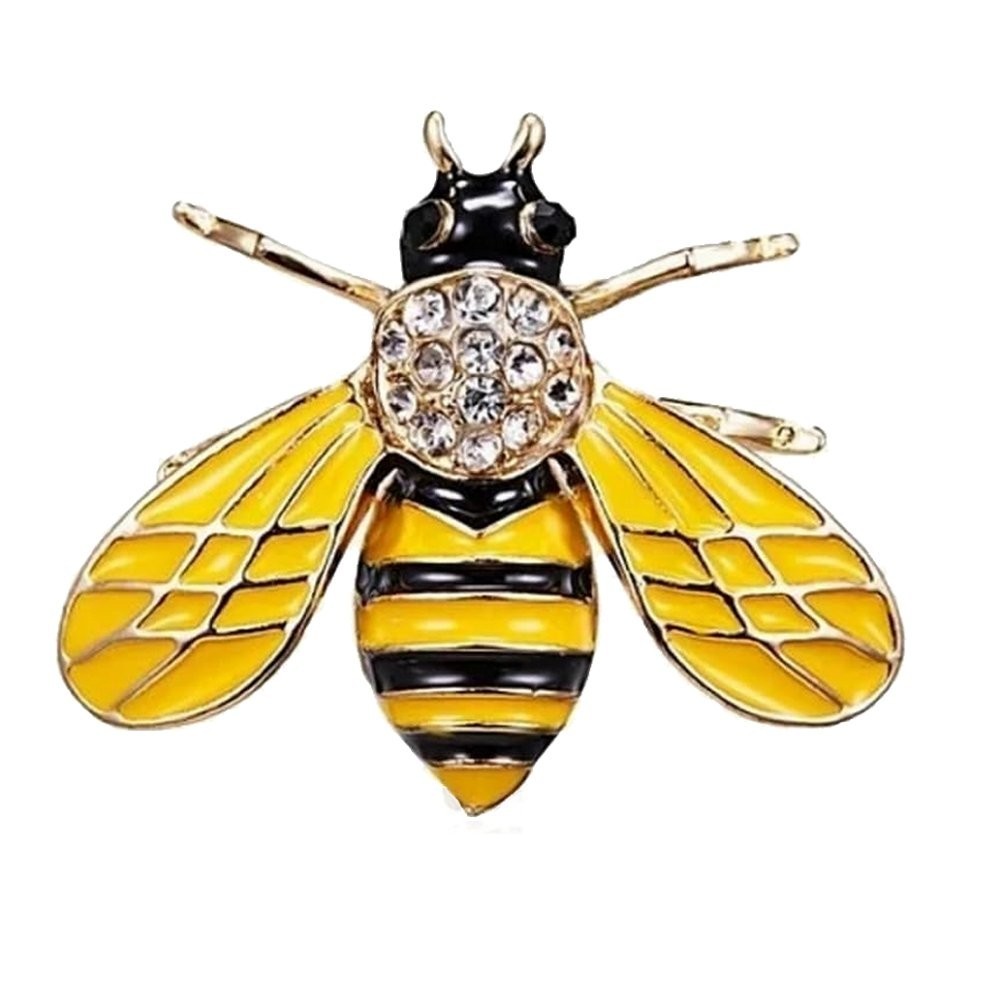 Gold Color Enamel Small Cute Bee Brooch Pin Gold Tone With Clear Crystals