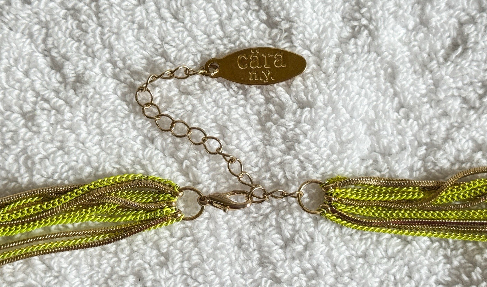 Gold Green Multi Chain Necklace by Cara NY. Lobster Claw Clasp 35”.