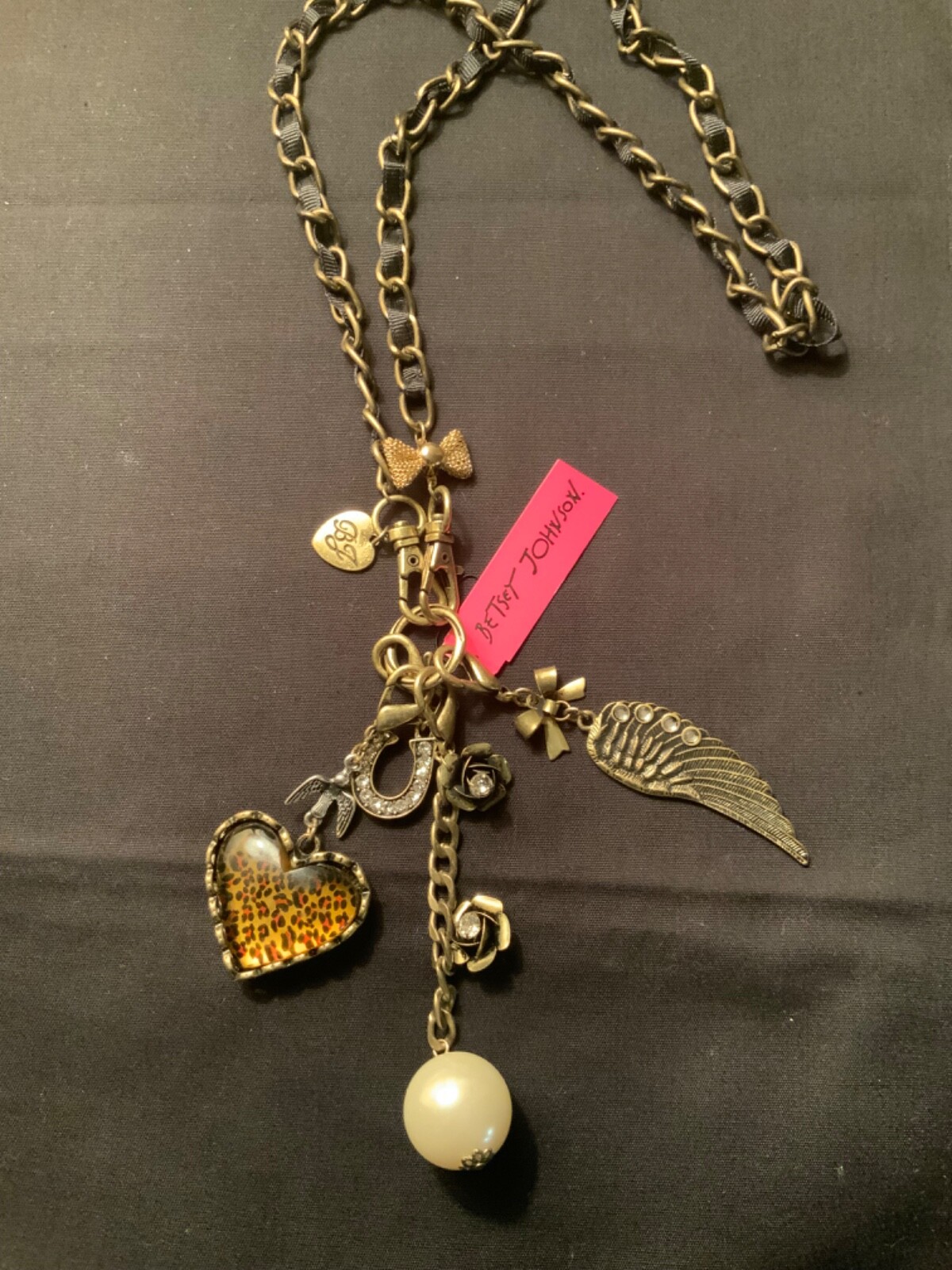 Betsey Johnson Leopard Heart Wing Charm Necklace