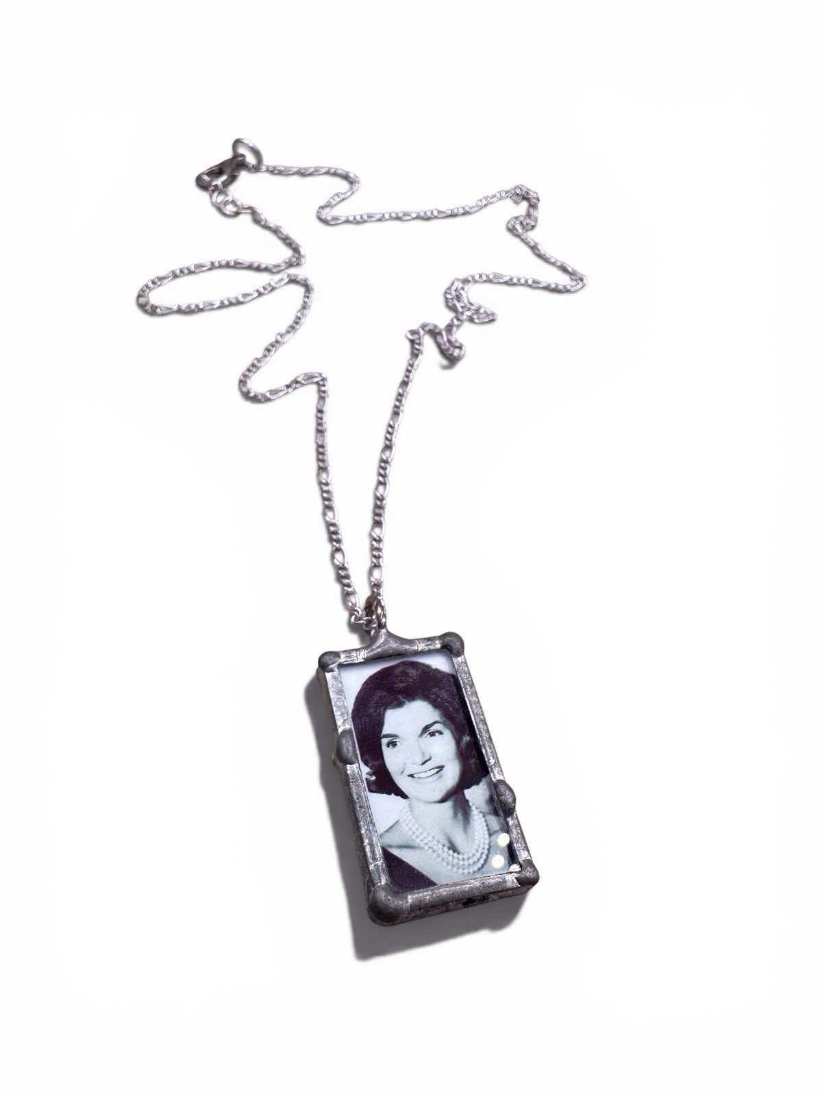 Silver Tone Rectangle Photo Holder Pendant Necklace, Cable Chain, Lobster