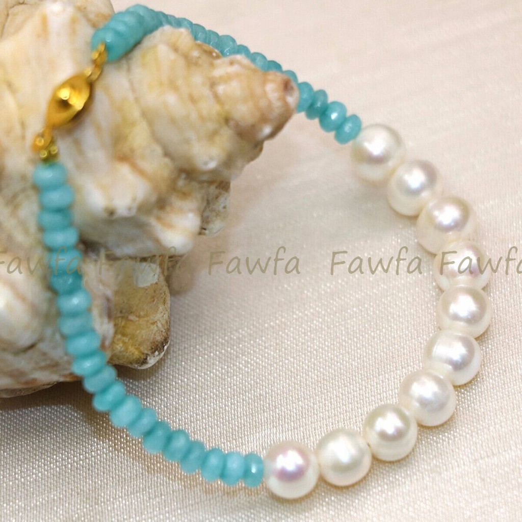 2x4mm Faceted Blue Aquamarine Gem Beads Natural 7-8mm White Pearl Bracelet 7.5”
