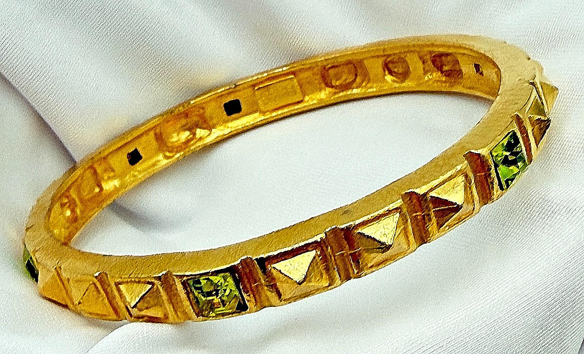 LINDA LEVINSON Bangle Bracelet Matte Gold Tone Pyramid Green Rhinestones