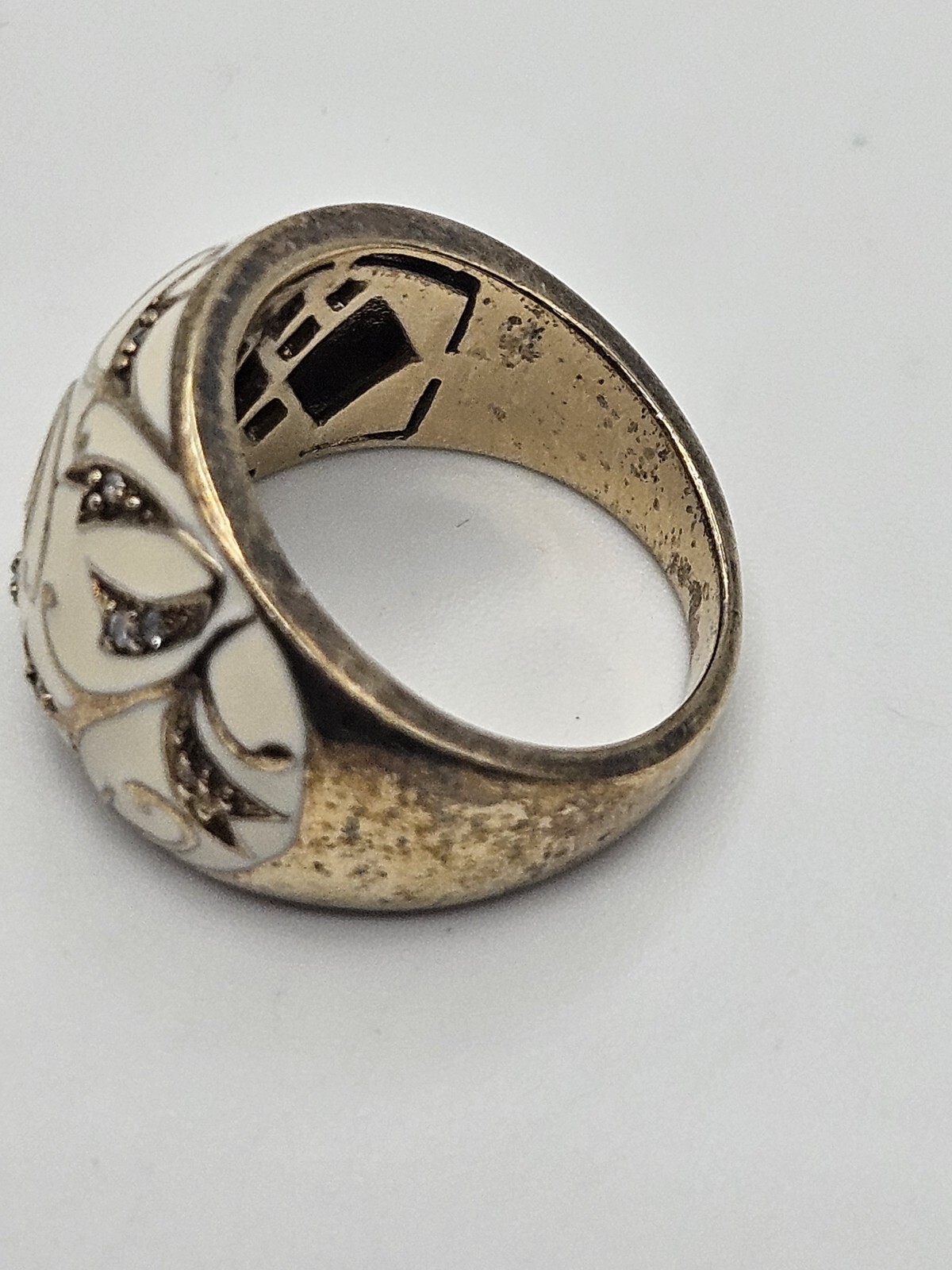 Sterling Silver Scroll Ivory Enamel Clear CZ Dome Ring Size 6 Signed ZRW